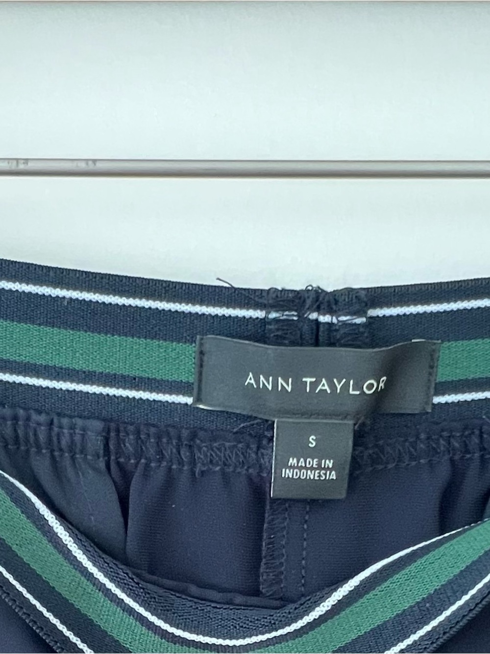 Ann Taylor Navy Pants with Green & White Stripe Waistband